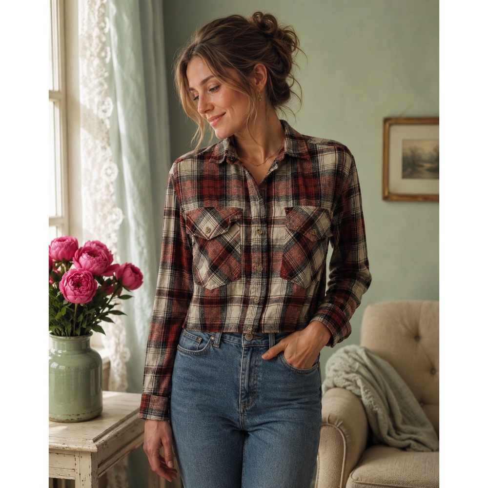Love Notes Plaid Flap Pocket Snap Front Cropped Shirt Size S